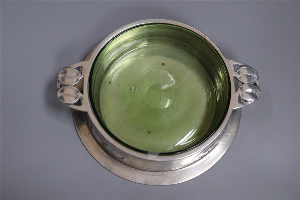 A Libertys Tudric pewter and green glass butter dish, shape no.0163, diameter 16cm